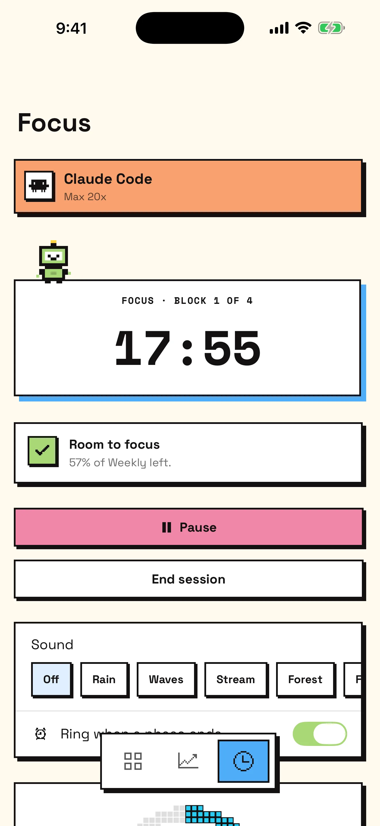 Usages Focus tab: Bit on the Pomodoro timer and quota advice for the session