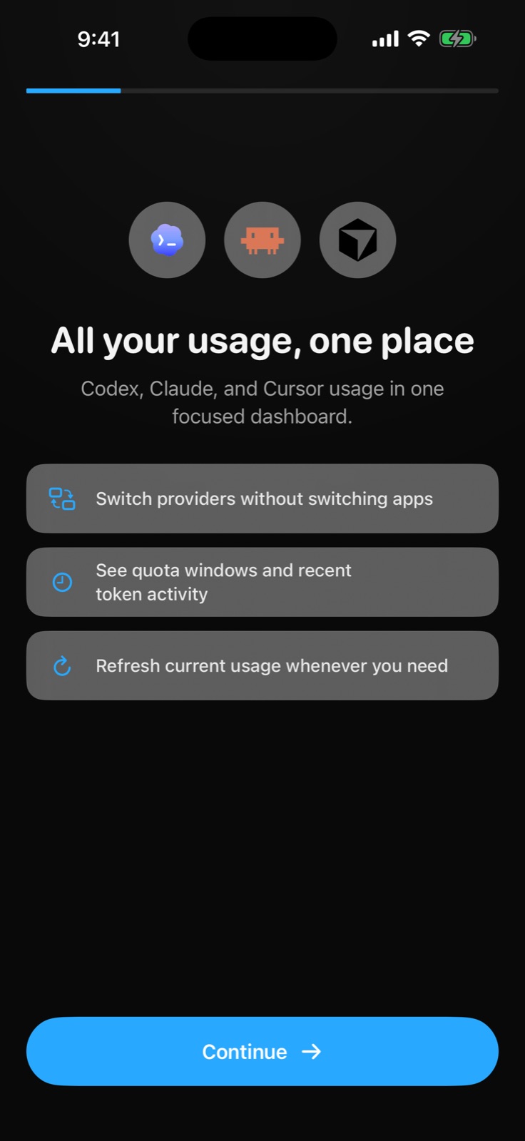 Usages onboarding explaining the unified private dashboard