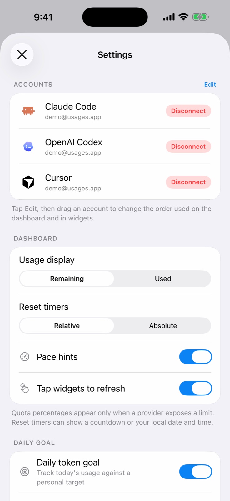 Usages settings showing connected AI providers